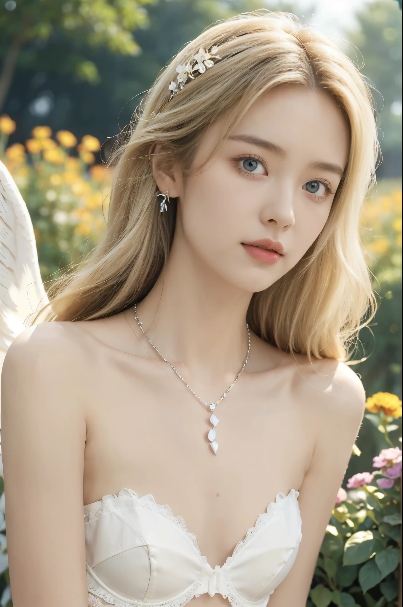 (((best quality))), (((ultra detailed))), (((masterpiece))), illustration,((1 beautiful ,solo,angel)),((fair skin,shoulder length straight blonde hair,blue eyes)),(earrings,crystal necklace),((slim,thin,small breasts,flat chest)),joyful expression,(white wings:1.3),(strapless white sheer bra:1.3),((In heaven, garden setting)), vibrant flowers,(colorful flowers:1.3),lush grass, gentle breeze, (clear sky, fluffy clouds, shining sun),((from front,close-up of face)),
