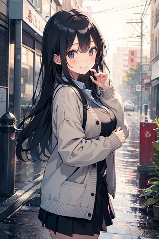 （Cute older sister:1.3）、smile,Spring atmosphere、cardigan、Daytime、hot、The way to school、Long black hair、rain、university student、Big Breasts