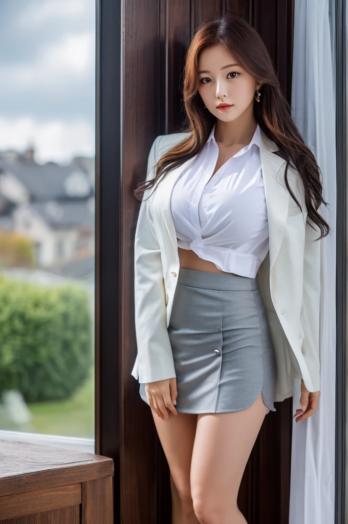the most beautiful actress in the world, she is 18 years old, the perfect body proportions of this girl, blazer is firmly closed on formal shirt which is worn on her large breasts and her whole upper body, it's difficult for short skirt to cover panties between her bare legs because it is too short, her bare thighs, standing, the sky is seen from out of the window , best quality, highly detailed, masterpiece, ultra high res, photo realistic, 8k