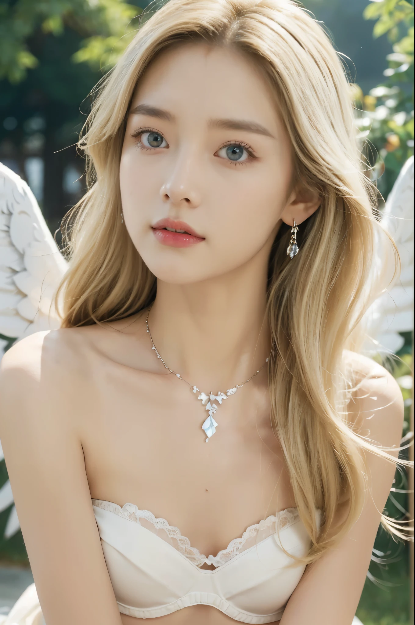 (((best quality))), (((ultra detailed))), (((masterpiece))), illustration,((1 beautiful ,solo,angel)),((fair skin,shoulder length straight blonde hair,blue eyes)),(earrings,crystal necklace),((slim,thin,small breasts,flat chest)),joyful expression,(white wings:1.3),(strapless white sheer bra:1.3),((In heaven, garden setting)), vibrant flowers,(colorful flowers:1.3),lush grass, gentle breeze, (clear sky, fluffy clouds, shining sun),((from front,close-up of face)),