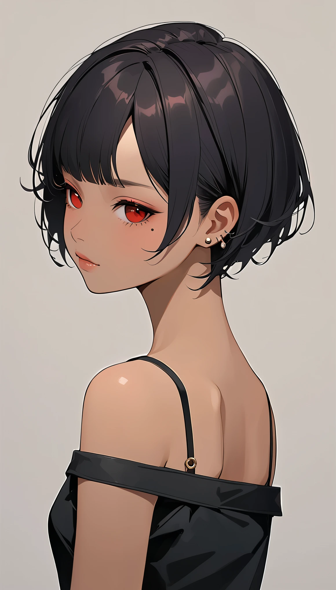 in style of Ashley Wood,(in style of by Liu Ye:0.5),
1girl,anime girls,(roruri:1.4),(red eyes:1.3),(half-closed eyes:1.5),(squinting:1.5),portrait,(mole under eye:1.8),black skin,ear piercing,(extremely short hair:1.4),(prehensile_hair:1.3),white off-the-shoulder t-shirt,head tilt,from_back,