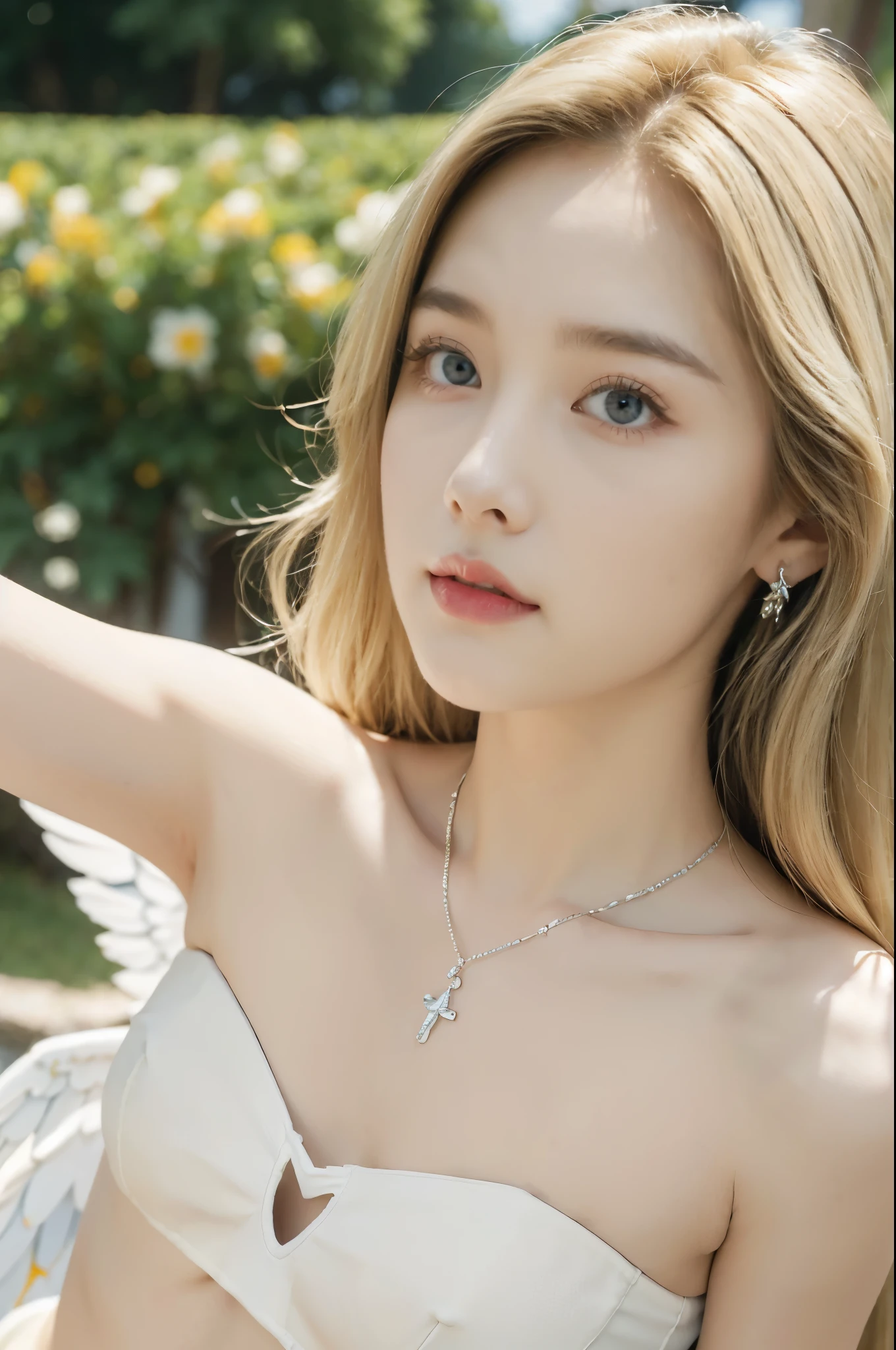 (((best quality))), (((ultra detailed))), (((masterpiece))), illustration,((1 beautiful little girl,solo,angel)),((fair skin,shoulder length straight blonde hair,blue eyes)),(earrings,crystal necklace),((slim,thin,small breasts,flat chest)),joyful expression,(white wings:1.3),(strapless white sheer bra:1.3),((In heaven, garden setting)), vibrant flowers,(colorful flowers:1.3),lush grass, gentle breeze, (clear sky, fluffy clouds, shining sun),((from front,close-up of face)),