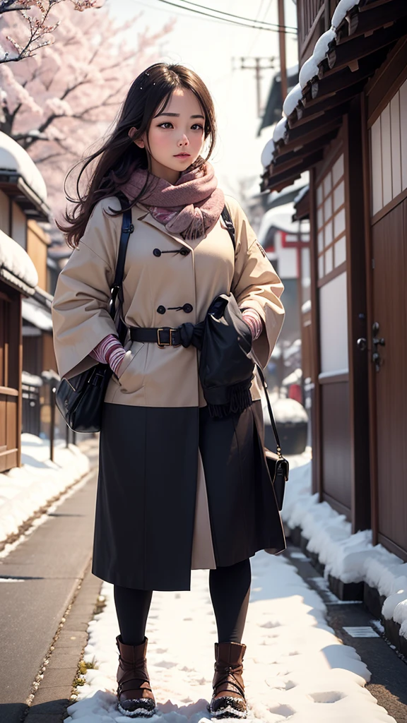Beautiful young woman with realistic hair walking in a Japanese city with snow, sakura