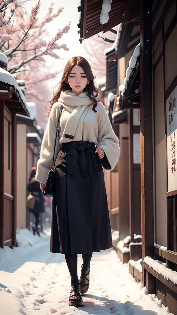 Beautiful young woman with realistic hair walking in a Japanese city with snow, sakura