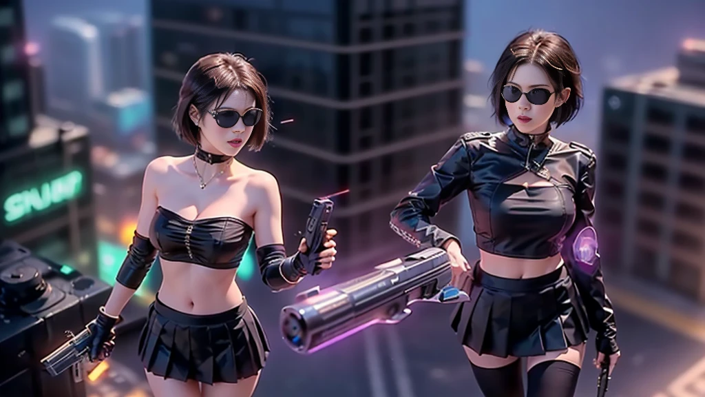 at night, futuristic sci-fi cyberpunk city, broad viaduct, skyscrapers at the end of the viaduct, the movie "13th Floor" style, hq. Matrix style, at night, (1girl, solo), photo realistic, (large-breast:1.2 slim body, cleavage:1.3), (((tube top, extreamly short pleated (((miniskirt))) exposing panty))), (((((matrix style black sunglasses))))), (((((aiming at camera with a (pistol)))))), (((half-body (thigh level) medium shot))), (cinematic lighting).