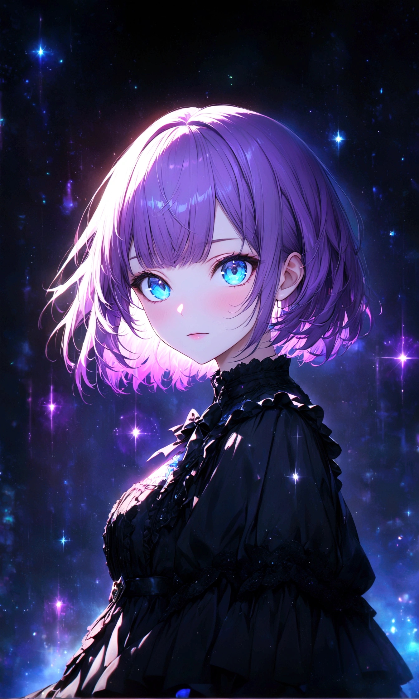 anime gile portrait,kawaii,Lavender purple hair, short bob, aqua blue eyes, cool, gothic ta,best quality,ultra detailed,ultra high definition,high resolution,16k,ultra vibrant,natural light,starlight,soft light,Glowing Aura,the surroundings are shining