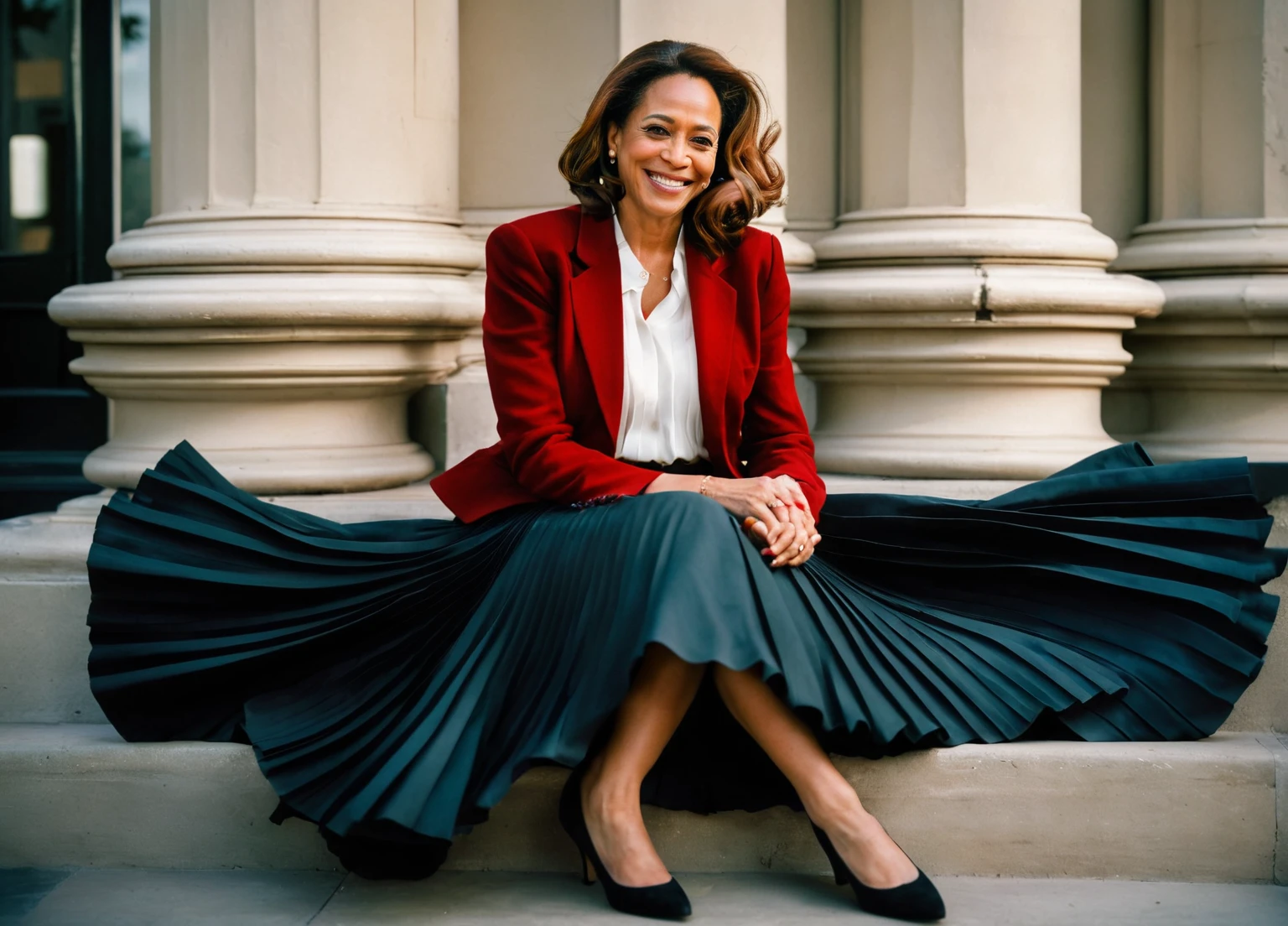 Kamala Harris, A smiling, authentic, (shy:1,3), kind, beautiful woman, is passionately in love with her skirt, wind wildly lifts her skirt, wearing uniform jacket and very, very detailed (long (fully pleated) full circle skirt) and (low heeled court shoes), very, very intricate hyper-detailed symmetric (attractive graceful young feminine face) with (sad, tired eyes and a loving smile), very voluptuous breasts, full of empathy and compassion and love, (pronounced (feminine) features), (highly detailed ultra accurate realistic) hands and fingers, (windy), epic composition, highly detailed attributes, (35mm f1.4 Kodak portra 400 photograph), extremely high quality RAW photograph, highly detailed atmosphere, sci-fi, cinematic shot, dynamic lighting, 75mm, Technicolor, Panavision, cinemascope, sharp focus, fine details, 8k, HDR, realism, realistic, key visual, film still, superb cinematic color grading, depth of field