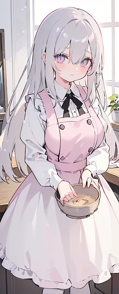 (((Long gray Beautiful Hair))),gray hair,kawai,(((Eyes visible from bangs,hair over eyes:1.3))),,Huge breasts,(pink color eyes),,(pink slanted eyes),1girl in,bangs,long gray hair, pantyhose,Cowboy Shot,white background,short hair,smiled,(wearing pink maid clothes), (maid dress type must have a perfect black vest), Bangs should be long to the tip of the chin(((, focusing on the bowl containing the dough and holding a spoon to stir it))), Kitchen room background, Perfect arm fingers,,, 1 girl, ((The image must match the tag)) Bangs almost cover the eyes full body (The character's entire body from top to bottom is completely visible)