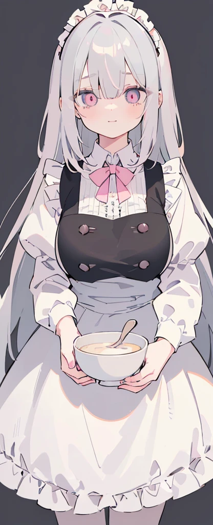 (((Long gray Beautiful Hair))),gray hair,kawai,(((Eyes visible from bangs,hair over eyes:1.3))),,Huge breasts,(pink color eyes),,(pink slanted eyes),1girl in,bangs,long gray hair, pantyhose,Cowboy Shot,white background,short hair,smiled,(wearing pink maid clothes), (maid dress type must have a perfect black vest), Bangs should be long to the tip of the chin(((, focusing on the bowl containing the dough and holding a spoon to stir it))), Kitchen room background, Perfect arm fingers,,, 1 girl, ((The image must match the tag)) Bangs almost cover the eyes full body (The character's entire body from top to bottom is completely visible)