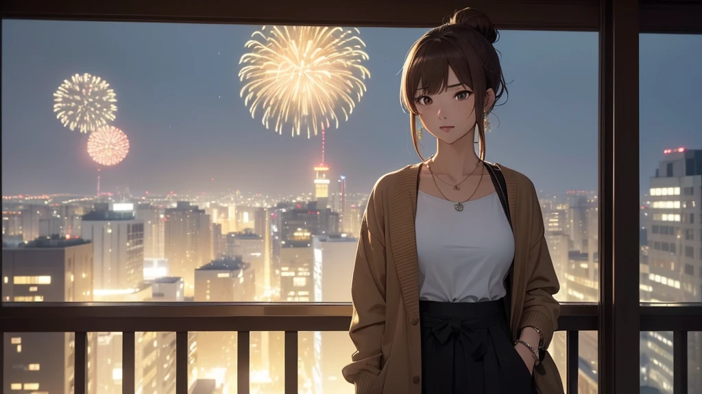 (Very detailed,High resolution,masterpiece:1.2）Night view from the balcony or terrace of a high-rise apartment building in Japan, You can see big fireworks。 Focus on women in their 20s to 40s with calm expressions. Light brown hair. She is wearing a jacket over a long-sleeved top.、Earring Accessories, bracelet, clock. .(Highest quality:1.2), Very detailed, High resolution, Tabletop:1,2, Vibrant colors, Bokeh, Professional Lighting, Physically Based Rendering, Flat Color:0.8, Fine 図, Realistic:1.37, Shinkai Makoto style, Your name style, Light brown hair, Elegant update,ponytail,Hair Bun。。(masterpiece: 1,2)、(masterpiece: 1,2)、High resolution、超High resolution、Highest quality、High resolution、