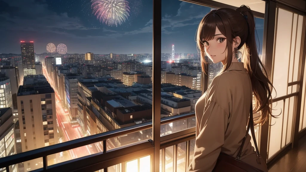 (Very detailed,High resolution,masterpiece:1.2）Night view from the balcony or terrace of a high-rise apartment building in Japan, You can see big fireworks。 Focus on women in their 20s to 40s with calm expressions. Light brown hair. She is wearing a jacket over a long-sleeved top.、Earring Accessories, bracelet, clock. .(Highest quality:1.2), Very detailed, High resolution, Tabletop:1,2, Vibrant colors, Bokeh, Professional Lighting, Physically Based Rendering, Flat Color:0.8, Fine 図, Realistic:1.37, Shinkai Makoto style, Your name style, Light brown hair, Elegant update,ponytail,Hair Bun。。(masterpiece: 1,2)、(masterpiece: 1,2)、High resolution、超High resolution、Highest quality、High resolution、