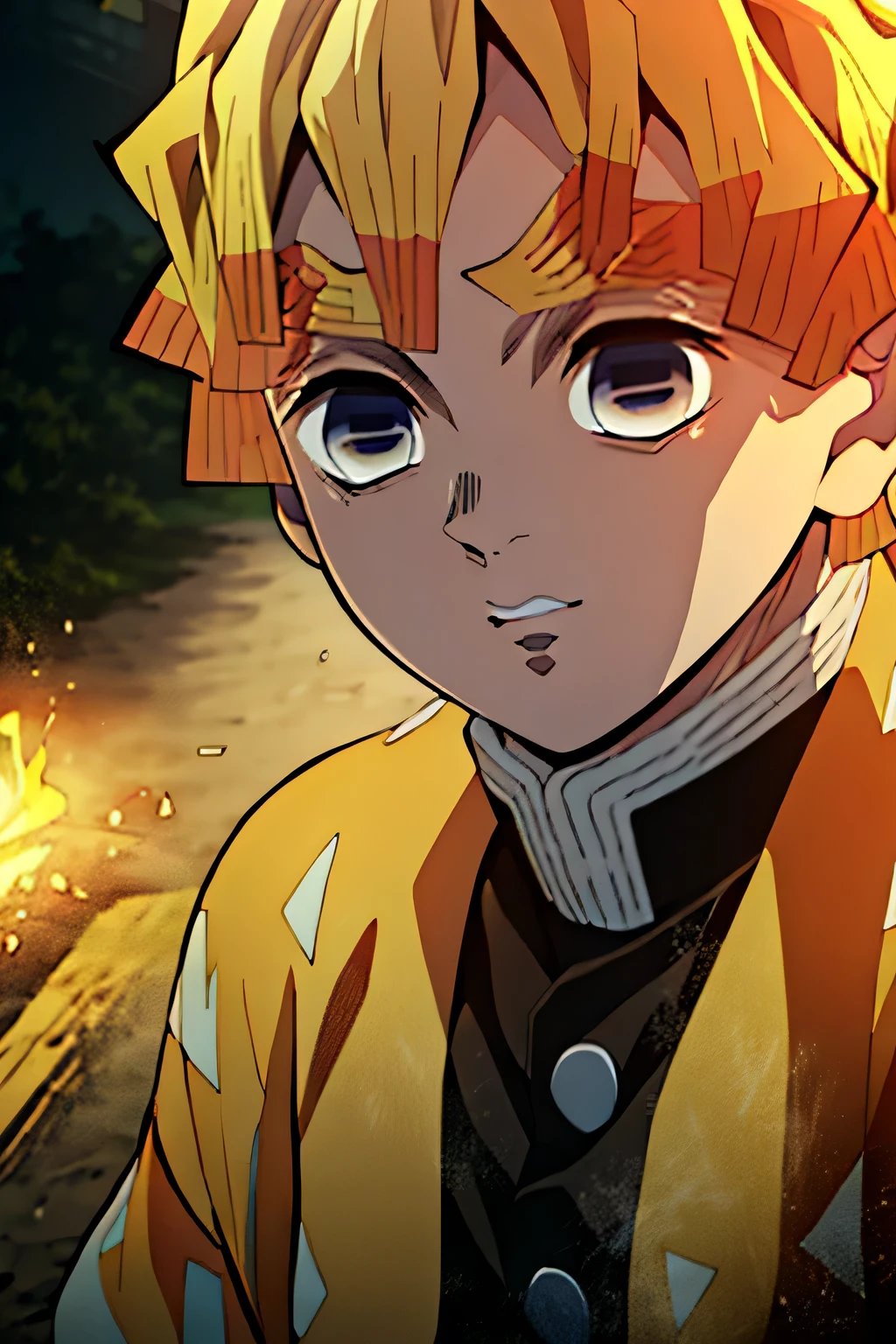 a boy with blonde hair and lightning effects around him, holding a sword in style of kimetsu no yaiba, detailed facial features, beautiful detailed eyes, beautiful detailed lips, extremely detailed face, longeyelashes, dramatic lighting, dynamic pose, vibrant colors, cinematic composition, digital art, highly detailed, 8k, photorealistic, (best quality,4k,8k,highres,masterpiece:1.2),ultra-detailed,(realistic,photorealistic,photo-realistic:1.37)