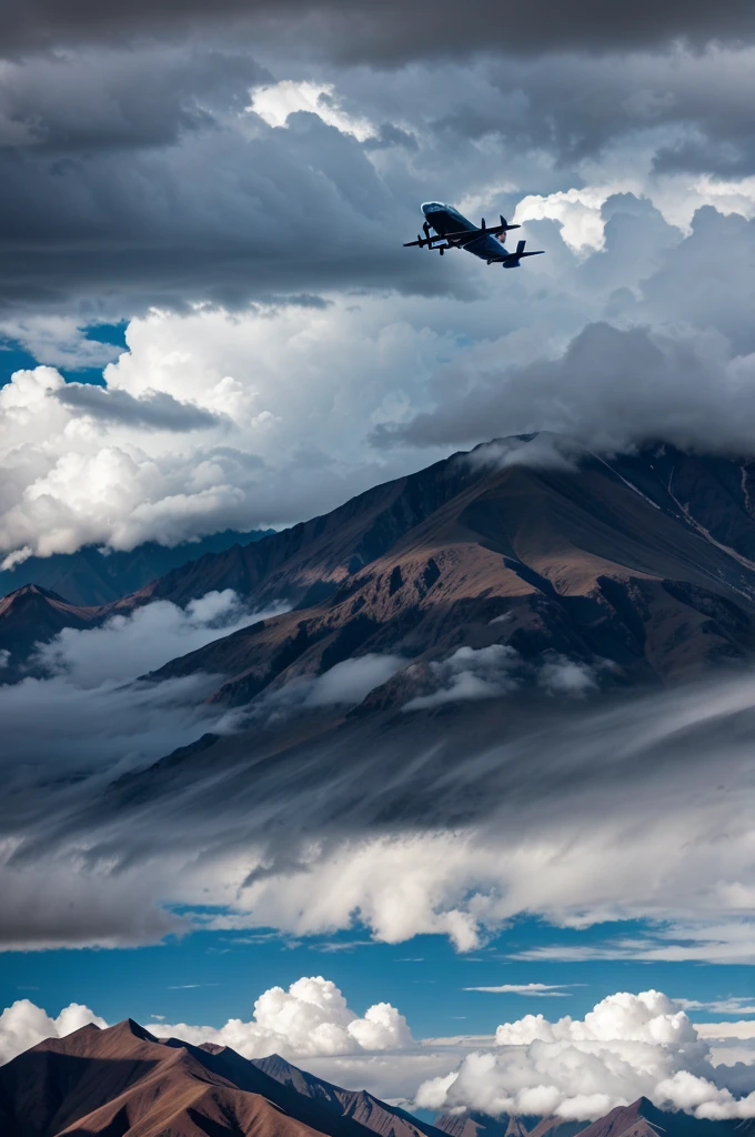 plane flying over the ominous, darkened Andes Mountains with storm clouds gathering, creating a sense of impending doom.