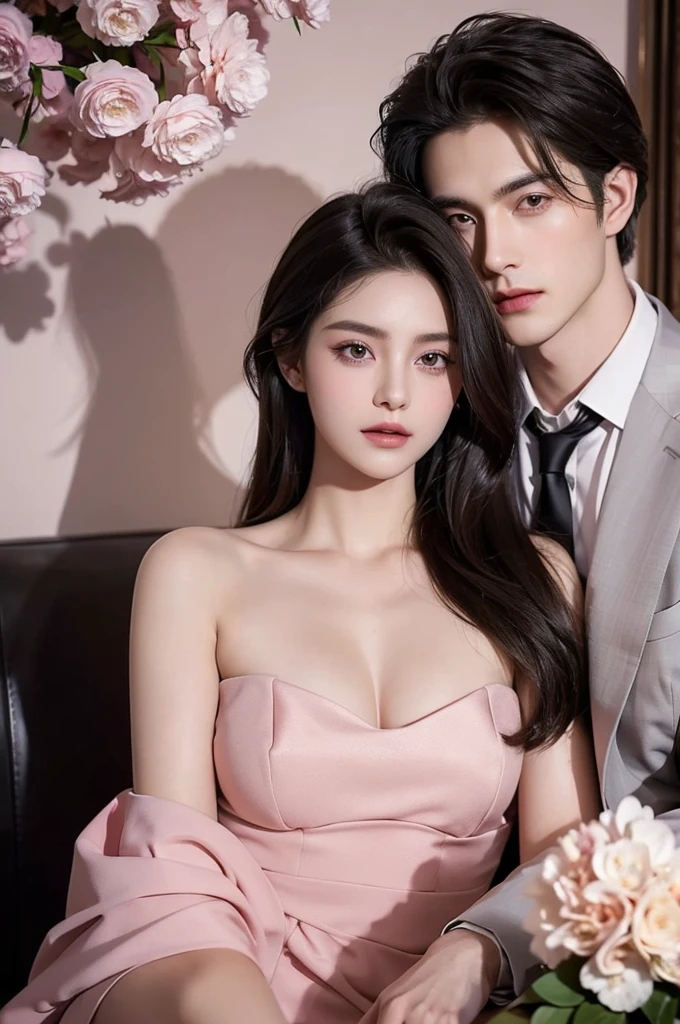 Modern. Suit man wear. Elegant couple, masculie man and 2 beautiful girl. Dark hair color. Very deatiled face. pretty eyes (perfect eyes). 8K resolution. Masterpiece. Romantic, love, glowing light. Look at the viewer. Petals. Pastel color.