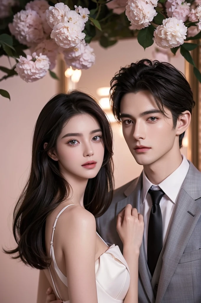 Modern. Suit man wear. Elegant couple, masculie man and two beautiful girl. Dark hair color. Very deatiled face. pretty eyes (perfect eyes). 8K resolution. Masterpiece. Romantic, love, glowing light. Look at the viewer. Petals. Pastel color.