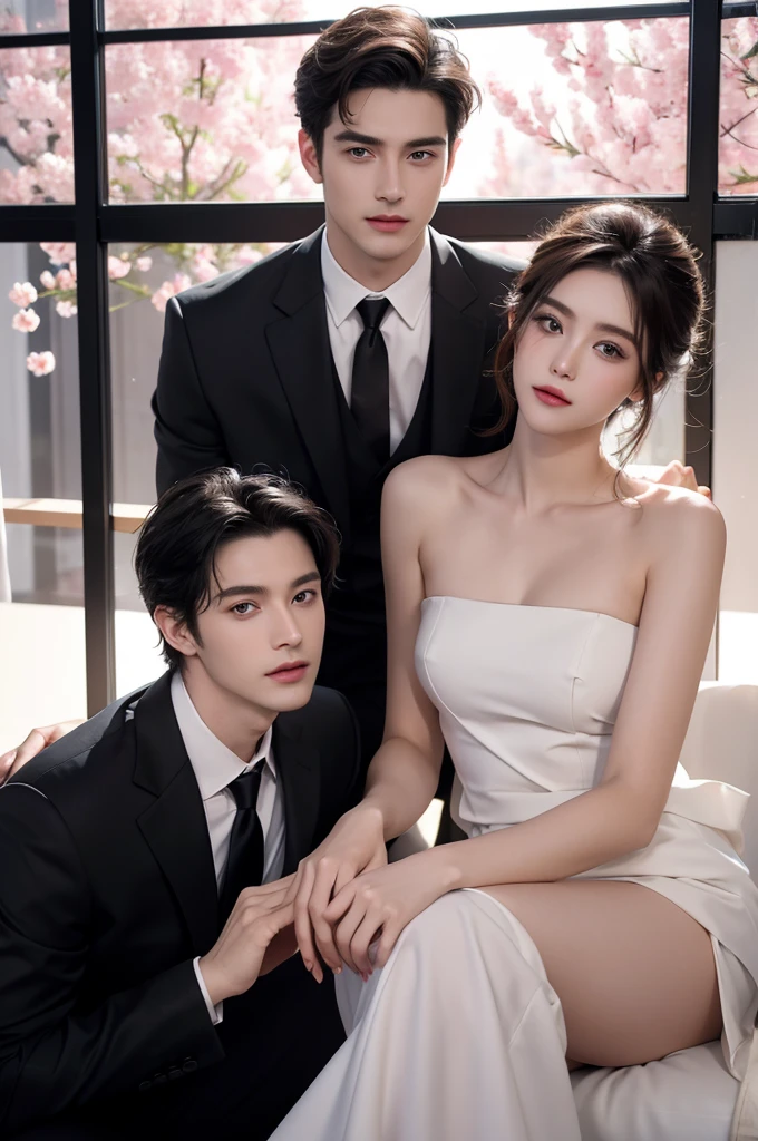 Modern. Suit man wear. Elegant couple, masculie man and 2 beautiful girl. Dark hair color. Very deatiled face. pretty eyes (perfect eyes). 8K resolution. Masterpiece. Romantic, love, glowing light. Look at the viewer. Petals. Pastel color.