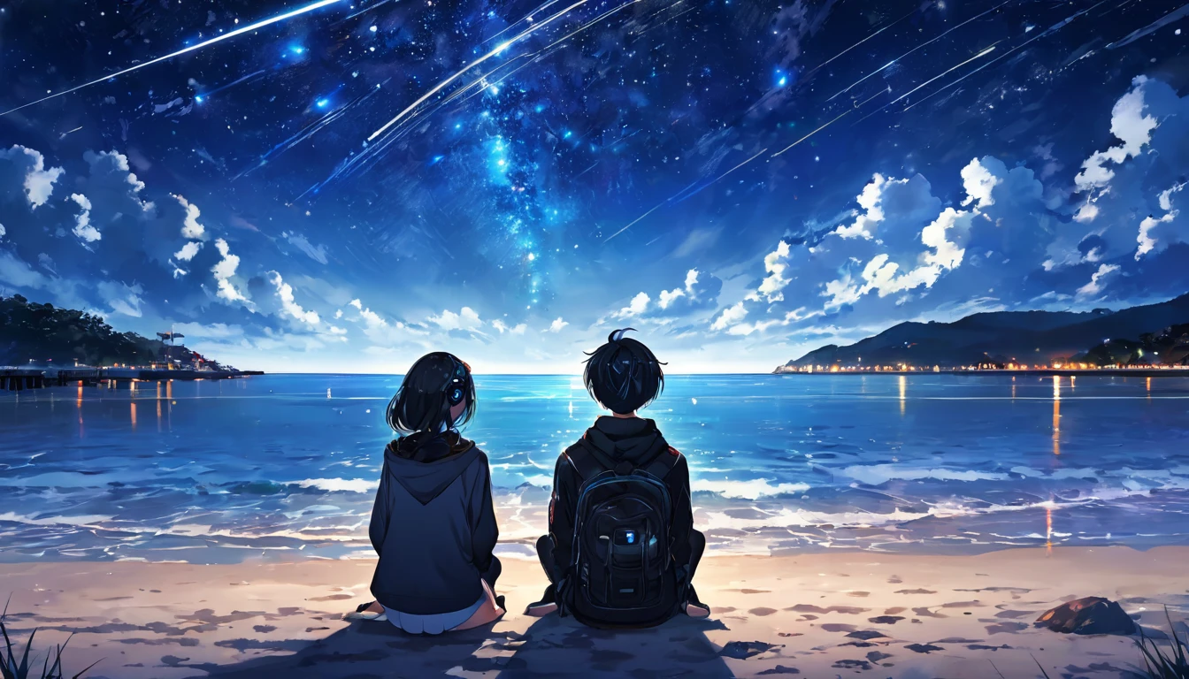 Sitting and looking at the sea2people、Boys and Girls、teenager、cyber punk、Beach、Starry Sky