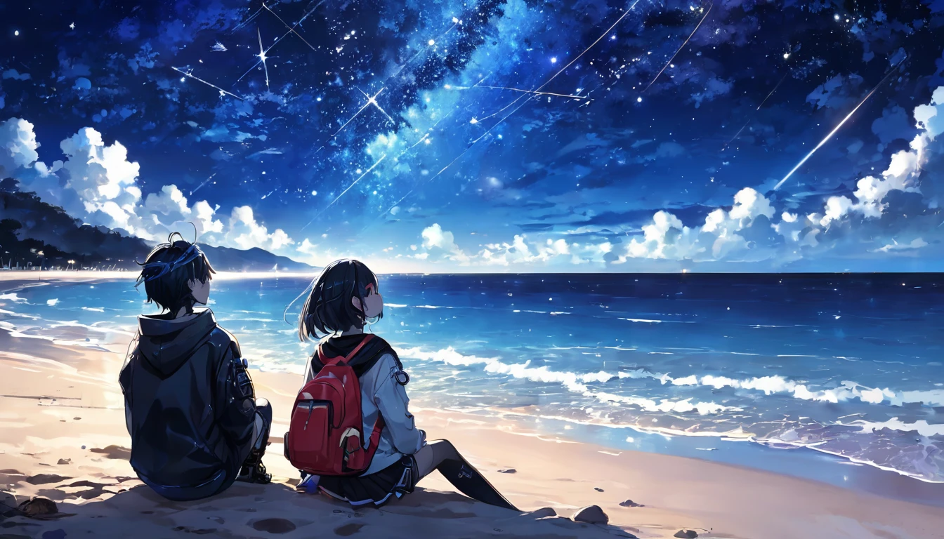 Sitting and looking at the sea2people、Boys and Girls、teenager、cyber punk、Beach、Starry Sky