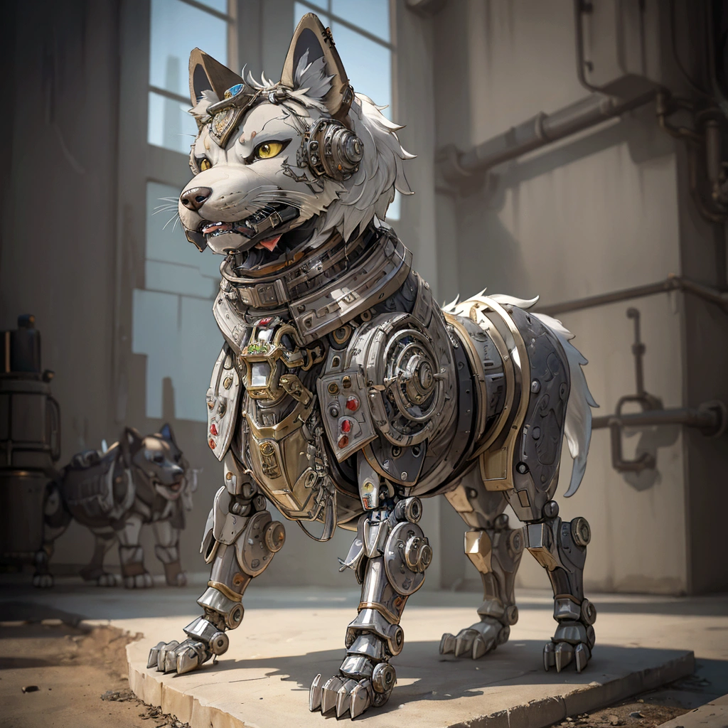 The building has a metal dog statue on its base., Armored Catの仲間, husky in shiny armor, Armored Cat, Steampunk dog, Cyborg dog, rendered in redshift, Steampunk ferret - a shaped mecha, Robot Lion, Industrial Mechanical Robot Dog, Highly detailed rendering, A good giant mechanical wolfdog, Detailed and complex rendering, Expressed in 3D rendering、Left facing、