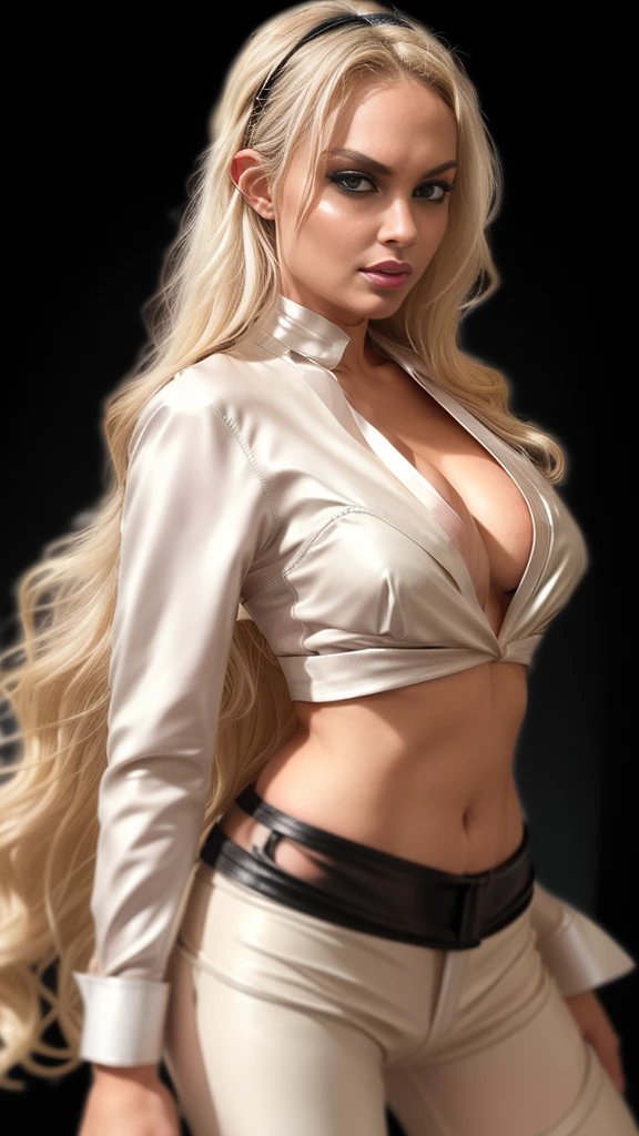 long  blonde hair, gorgeous eyes,smokey gray eyeshadow, high arched eyebrows, seductive look,looking at viewer,tiny breasts,exposed cleavage, (white silk shirt and black leather pants:1.5), black vinyl pants, stilettos, midnight modern metropolis hollywood neon signs background, spot lighting, backlight on hair, shallow depth of field, bokeh, sexy pose(no nsfw images)