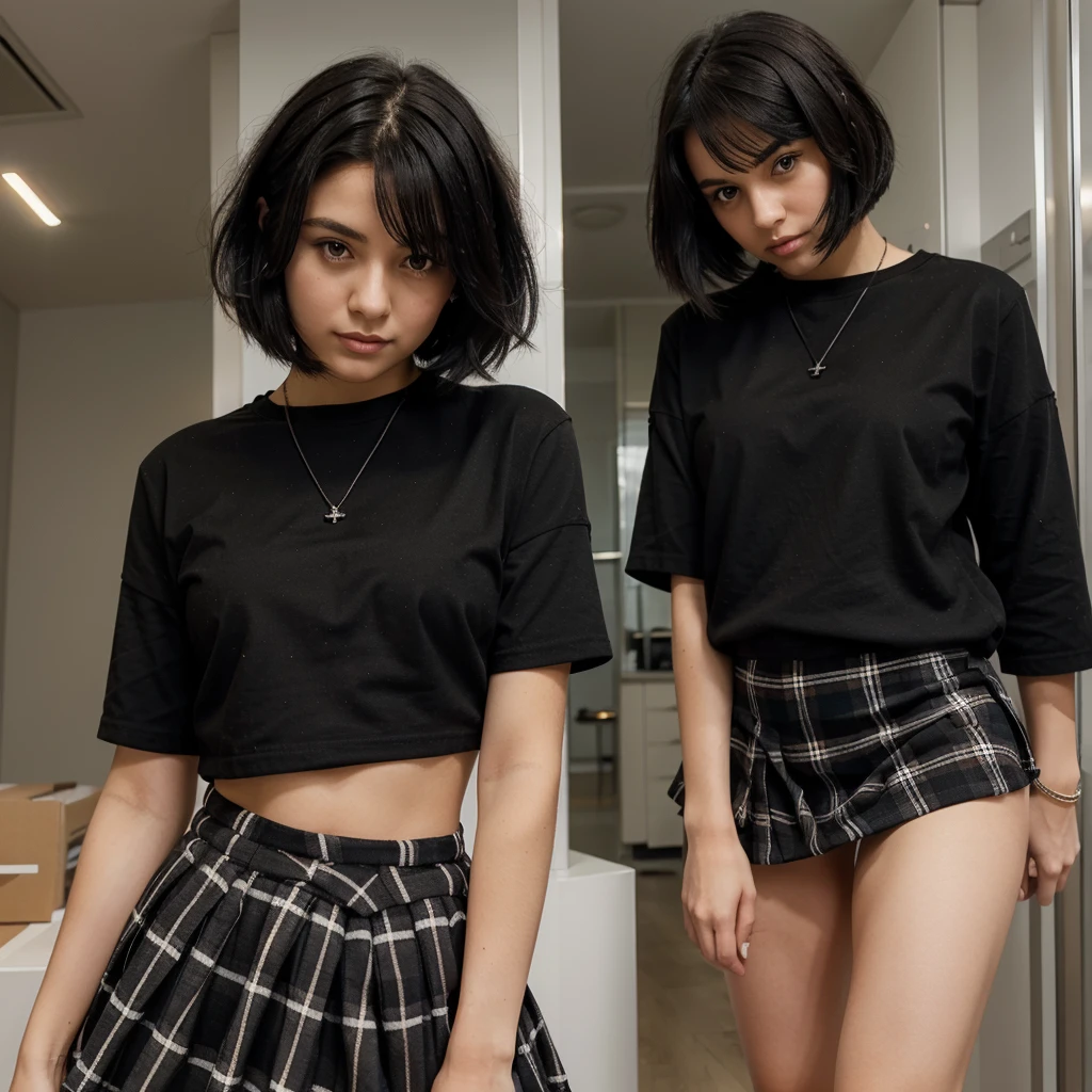 Girl with short medium black hair, plaid skirt and black measurements