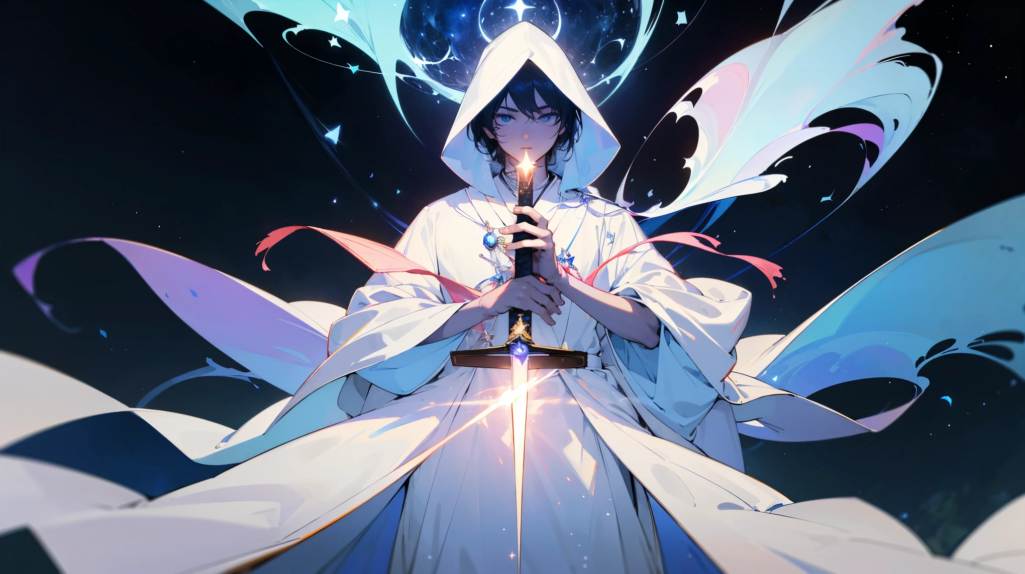 A mysterious figure in a white robe standing at the center of the world, surrounded by countless stars and cosmic nebulae, extending his hands as if creating and shaping the entire world, ,in the style of the stars art group xing xing, 32k, best quality, masterpiece, super detail, high details,upper body only, glowing sword on hilt,