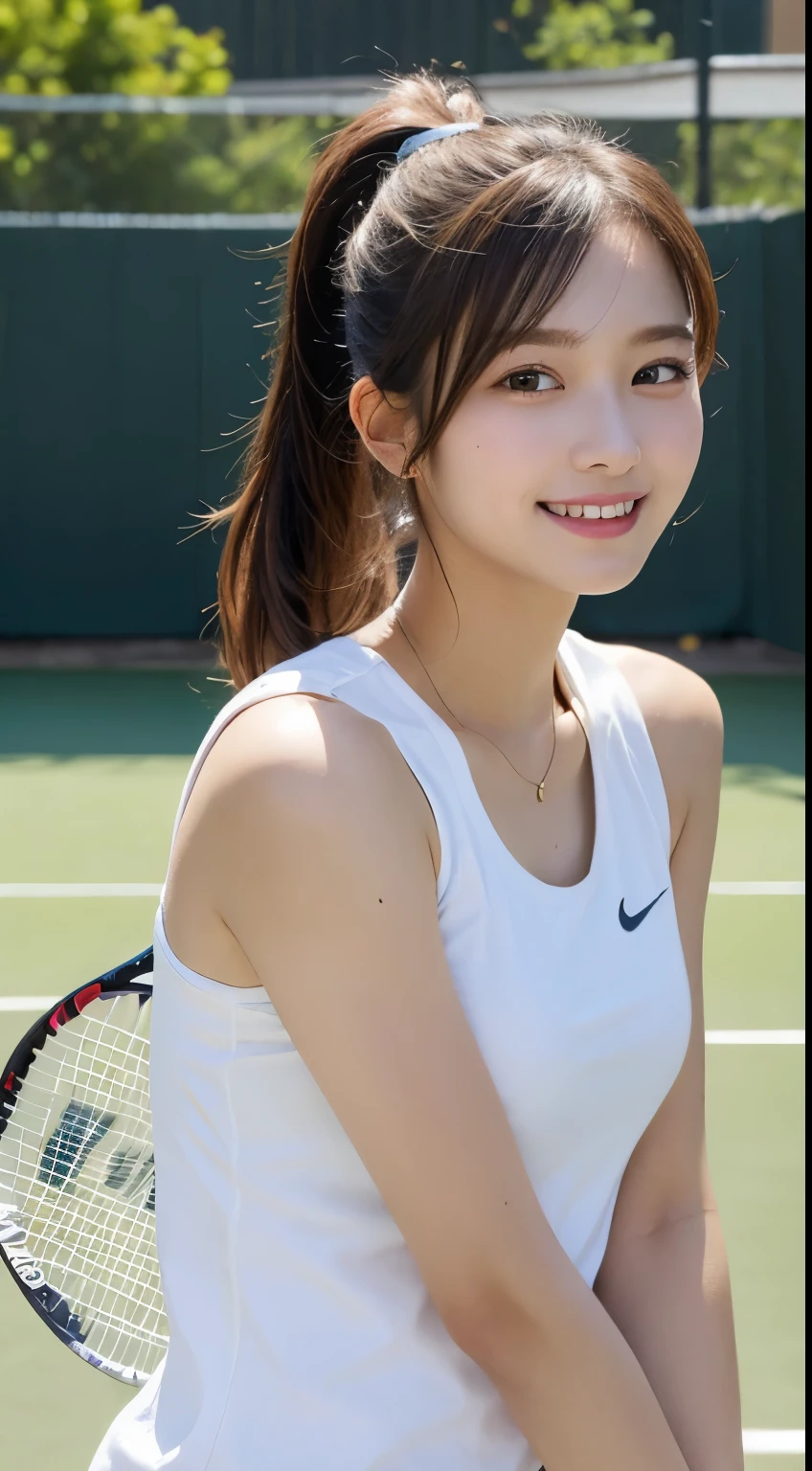 Tabletop, Highest quality, figure, Super detailed, In detail, High resolution, 8k wallpaper, Perfect dynamic composition, Beautiful attention to detail, White sleeveless shirt for tennis,Ponytail Hair, Natural color lip, Random sexy poses,smile、22-year-old girl、Cute face、Pants showing、Background、Tennis court