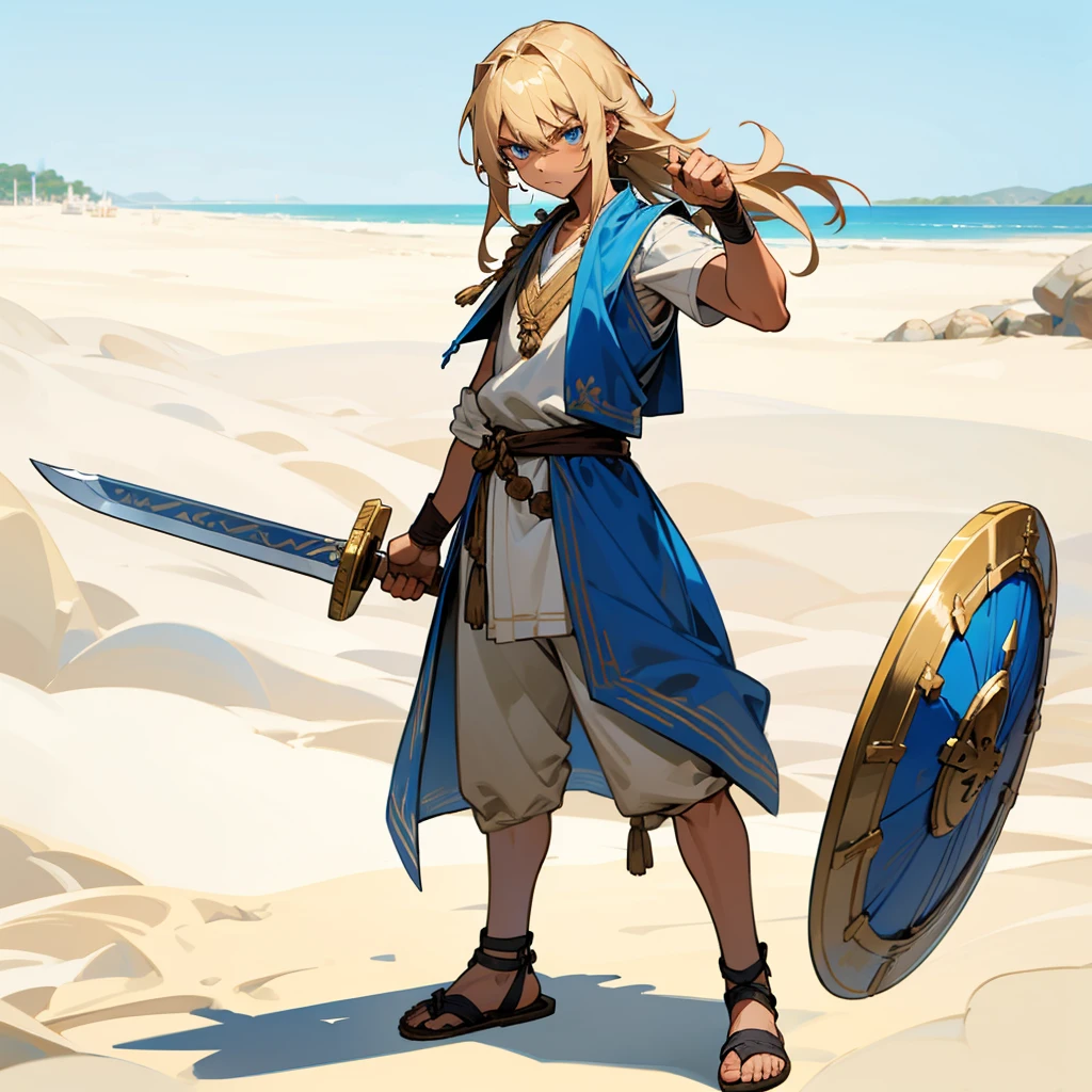 1boys, Full body version, 1character, blue eyes, Tan skin, long Shaggy hairstyle, blonde colour hair, angry expression, ancient Greek clothing, blue colour clothing, ancient Greek sandals, wood sword in hand, small shield wood in hand, wood armor vest, Grassroots background in beach
