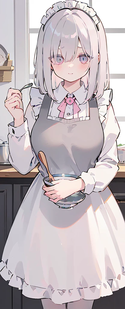 (((Long gray Beautiful Hair))),gray hair,kawai,(((Eyes visible from bangs,hair over eyes:1.3))),,Huge breasts,(pink color eyes),,(pink slanted eyes),1girl in,bangs,long gray hair, pantyhose,Cowboy Shot,white background,short hair,smiled,(wearing pink maid clothes), (maid dress type must have a perfect black vest), Bangs should be long to the tip of the chin(((, focusing on the bowl containing the dough and holding a spoon to stir it))), Kitchen room background, Perfect arm fingers,,, 1 girl, ((The image must match the tag)) Bangs almost cover the eyes full body (The character's entire body from top to bottom is completely visible)
