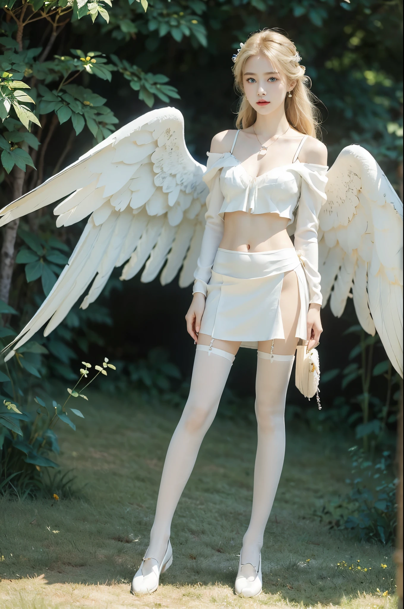 (((best quality))), (((ultra detailed))), (((masterpiece))), illustration,((1 beautiful ,solo,angel)),((fair skin,shoulder length straight blonde hair,blue eyes)),(earrings,crystal necklace),((slim,thin,small breasts,flat chest)),joyful expression,(white wings:1.3),(flowing short-sleeved white sheer dress:1.3),((In heaven, garden setting)), vibrant flowers,(colorful flowers:1.3),lush grass, gentle breeze, (clear sky, fluffy clouds, shining sun),((cleavage,navel)),((from front,standing,full body,arms behind back)),((slender legs,pantyhose,loafers))