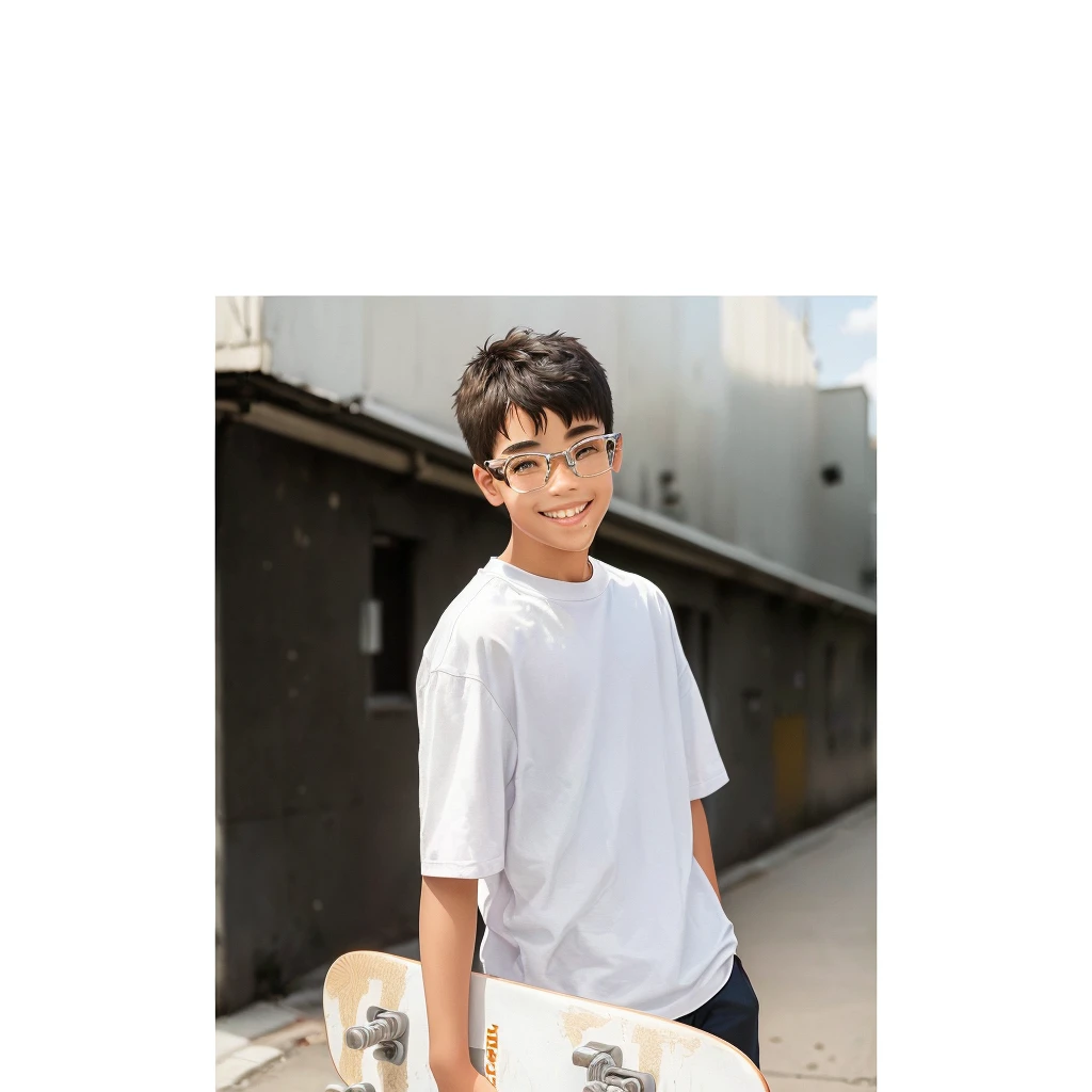 Smile,there is a young boy holding a skateboard on a sidewalk, Male teenager, portrait a 1 5 - year - old boy, white background!!!!!!!!!!, slight nerdy smile, teenage boy, high quality portrait, aged 13, skateboard, tommy 1 6 years old, portrait of 1 5 - year - old boy, cute slightly nerdy smile, small wide smile, cool looking