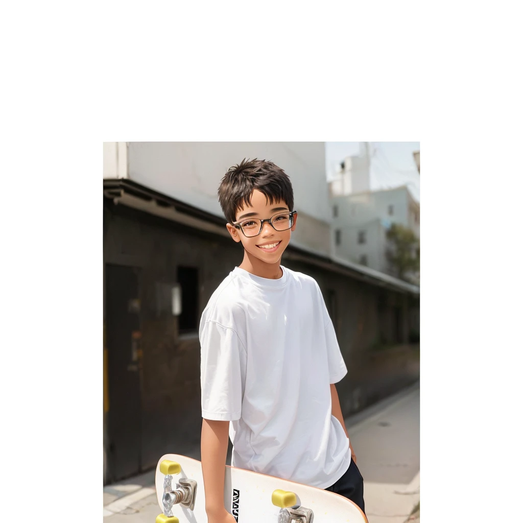 Smile,there is a young boy holding a skateboard on a sidewalk, Male teenager, portrait a 1 5 - year - old boy, white background!!!!!!!!!!, slight nerdy smile, teenage boy, high quality portrait, aged 13, skateboard, tommy 1 6 years old, portrait of 1 5 - year - old boy, cute slightly nerdy smile, small wide smile, cool looking