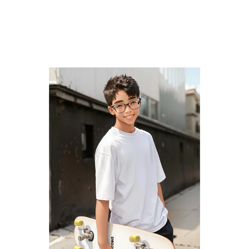 Smile，there is a young boy holding a skateboard on a sidewalk, Male teenager, portrait a 1 5 -  - old , white background!!!!!!!!!!, slight nerdy smile, teenage boy, high quality portrait, aged 13, skaboard, tommy 1 6 years oldt of 1 5 - year - old boy, culightlyrdy smile, small wide smile, cool looking