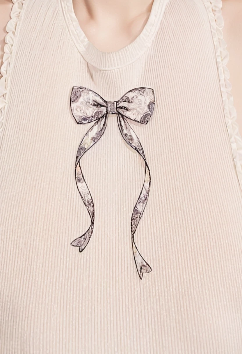 a close up of a woman wearing a white shirt with a bow on it, ornamental bow, Bow, Ripples in the chest, Curves and arches, Upper body close-up, Upper body close-up, ribbon, Tied shirt, Thick Bow, Delicate decoration, white! Tank top with print, Neckline, Smooth down to the finest details, Halter top