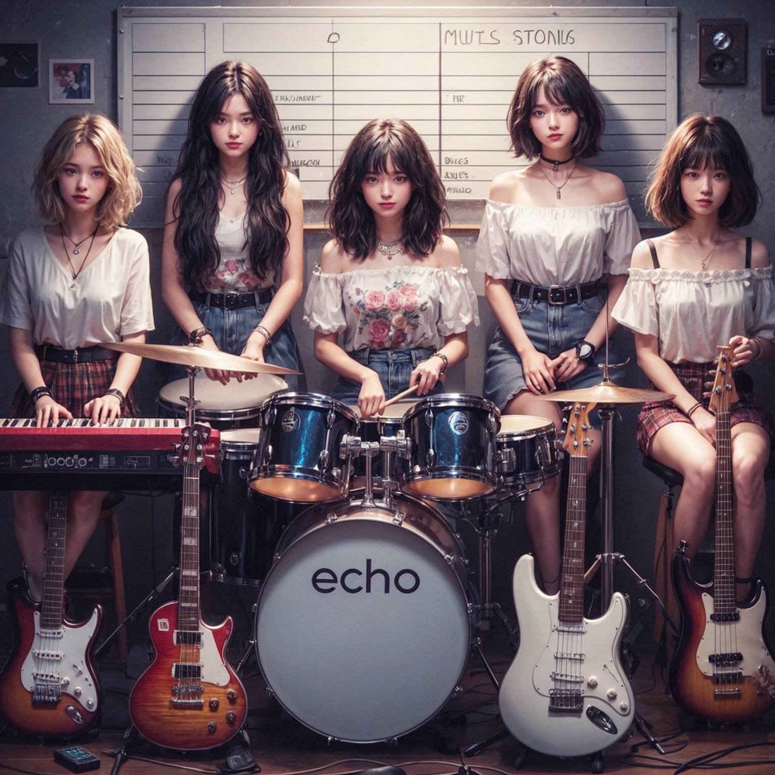 **Photo of 5 beautiful girls, aged 18 to 20, sitting:**
- **3 girls with messy black hair**
- **1 girl with wavy bob black hair**
- **1 girl with a black ponytail**
One girl is playing the drums, one girl is playing the piano, one girl is playing the bass guitar, one girl is playing the guitar, and one girl is singing. They are sitting behind a board with the word "ECHO" written on it. The background is a music studio, complete with drums, guitars, bass guitar, and piano. The image is ultra HD, 4k, photorealistic, raw, and a masterpiece.