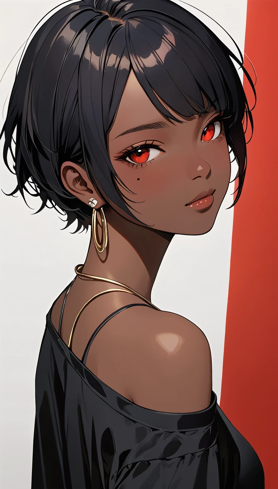 in style of Ashley Wood,(in style of by Liu Ye:0.5),
1girl,anime girls,(roruri:1.4),(red eyes:1.3),(half-closed eyes:1.5),(squinting:1.5),portrait,(mole under eye:1.8),black skin,ear piercing,(extremely short hair:1.4),(prehensile_hair:1.3),white off-the-shoulder t-shirt,head tilt,from_back,