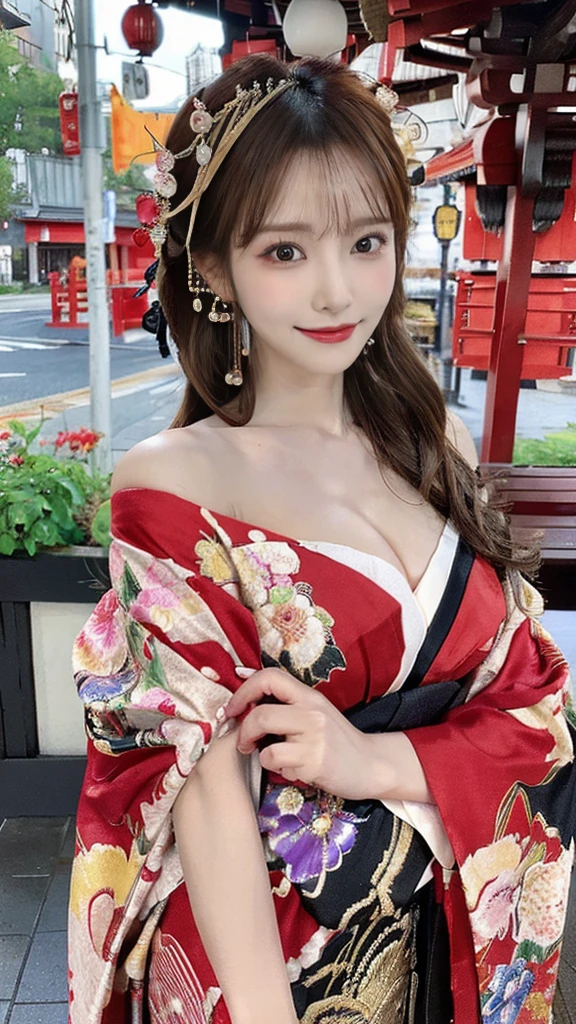 (Detailed skin:1.2),(Shiny skin:1.1),8K,Highest quality, masterpiece, Ultra-high resolution,(Realistic:1.4), RAW Photos,(Soft saturation:1.3),(Fair skin:1.2),Half-Japanese beauty,repair,20 years, Light brown hair, （Up-Hairstyles:1.2), Asymmetrical Hair, (Pretty face:1.4), (Large Breasts, Tight waist), Beautiful lighting, (Sexy Oiran:1.2,),Highly detailed face, Highly detailed lips, fine grain, double eyelid, （Sharp focus: 1.2）, （Perfect Anatomy),(Beautiful woman with perfect figure: 1.2）、Exposing cleavage、Random sexy poses，(Accentuate your leg lines:1.２)、kimono、Sharp Eyes,A seductive smile、Gorgeous hair ornament、Japanese style background