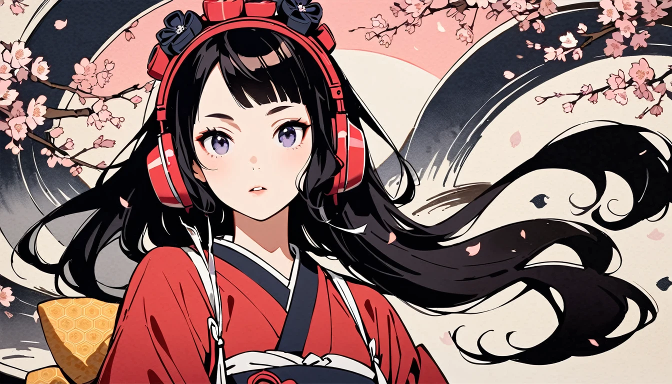 Highest quality, Katsushika Hokusai, Ink Painting, (((very straight longhair))), (((1 girl))), (((cherry blossoms))), Japanese style headphones, beautiful girl, Black Hair, Delicate and precise, Modern ukiyo-e style