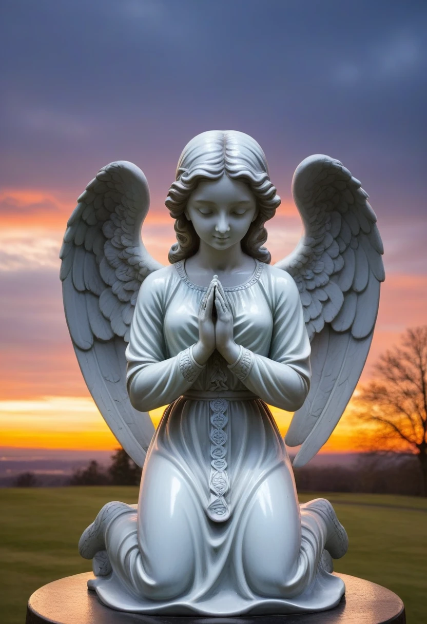 statue of praying angel, sunset