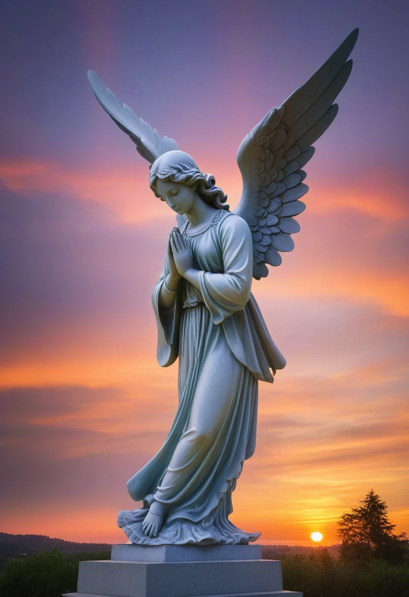 statue of praying angel, sunset