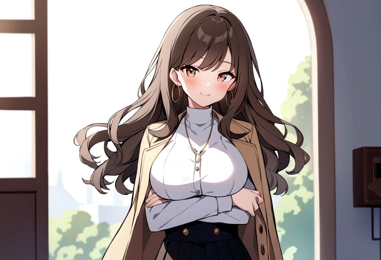 slender, mature female,jewelry, rating:safe, blurry, 1girl, depth_of_field, long_hair, jewelry, crossed_arms, dress, solo, blurry_background, earrings, brown_eyes, breast_hold, breasts, brown_hair, looking_at_viewer, smile, blush, black_dress, long_sleeves, bangs, arm_under_breasts, closed_mouth, large_breasts, blurry_foreground, day, jacket, buttons, arms_under_breasts, shirt, bag, black_hair, high-waist_skirt, medium_breasts, open_clothes, indoors, white_shirt, eyebrows_visible_through_hair, jacket_on_shoulders, standing, necklace, pleated_dress, open_jacket, wavy_hair, hoop_earrings, sidelocks, cowboy_shot, outdoors, holding_arm, sunlight, upper_body, window