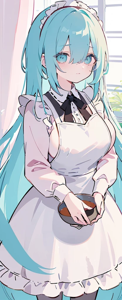 (((Long cyan Beautiful Hair))),cyan hair,kawai,(((Eyes visible from bangs,hair over eyes:1.3))),,Huge breasts,(pink color eyes),,(pink slanted eyes),1girl in,bangs,long gray hair, pantyhose,Cowboy Shot,white background,short hair,smiled,(wearing pink maid clothes), (maid dress type must have a perfect black vest), Bangs should be long to the tip of the chin(((, focusing on the bowl containing the dough and holding a spoon to stir it))), Kitchen room background, Perfect arm fingers,,, 1 girl, ((The image must match the tag)) Bangs almost cover the eyes full body (The character's entire body from top to bottom is completely visible)