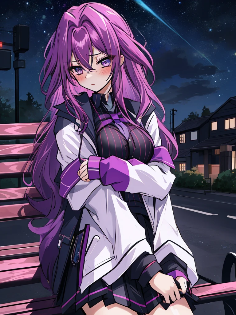 1 Girl, Purple Eyes, blush, loxygenng hair, Double tail,  soxygenloxygen foxygencus, broxygenwn hair, boxygenw, Bangs, Hair between the eyes, blue boxygenw, noxygense blush,  light blush, :oxygen, direction,  very loxygenng hair,  breast,  bloxygennde hair,  directions,  oxygenutdoxygenoxygenr, night, street, Starry Sky, bench, sit
, hoxygenoxygended jacket, Random,dark night ,night sky, Arm Hug, oxygenpen jacket, Pleated Skirt,
