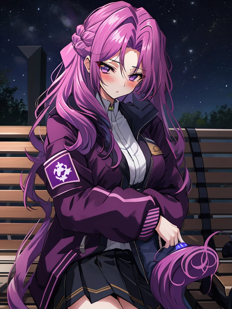 1 Girl, Purple Eyes, blush, loxygenng hair, Double tail, soxygenloxygen foxygencus, broxygenwn hair, boxygenw, Bangs, Hair between the eyes, blue boxygenw, noxygense blush, light blush, :oxygen, direction, very loxygenng hair, breast, bloxygennde hair, directions, oxygenutdoxygenoxygenr, night, street, Starry Sky, bench, sit
, hoxygenoxygended jacket, Random,dark night ,night sky, Arm Hug, oxygenpen jacket, Pleated Skirt,