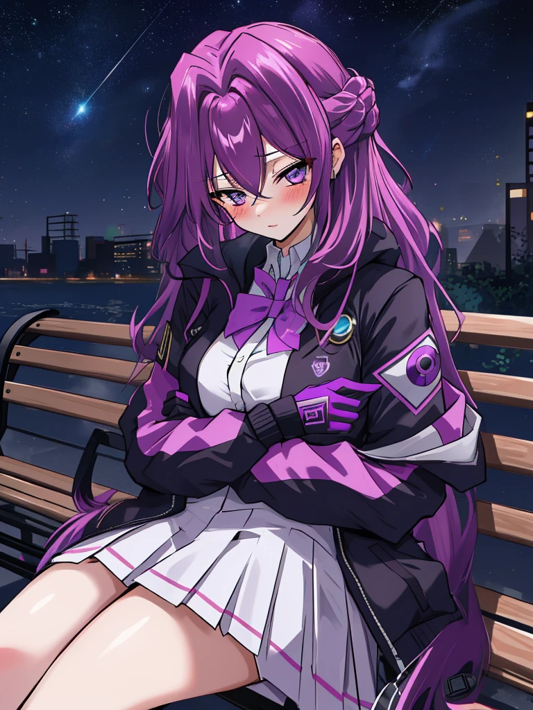 ((highest quality)), ((masterpiece)), ((Super detailed)), (And yet delicate and beautiful), girl, one person, Cold attitude,((Black jacket)),She and(relax)and(Calm)exterior,purple hair, Long Hair, Written boundary depth,Wicked Smile,bubble, In the water, Air bubbles,Bright, black eyes,The inside color is light purple、The hair tips are deep purple,Cold Background, Line art, Shorts、Knee-high socks、Like a white uniform 、Light red ribbon tie、Her bangs fall into my eyes, Create an atmosphere, Eyes that shine like rubies, Fluorescent red