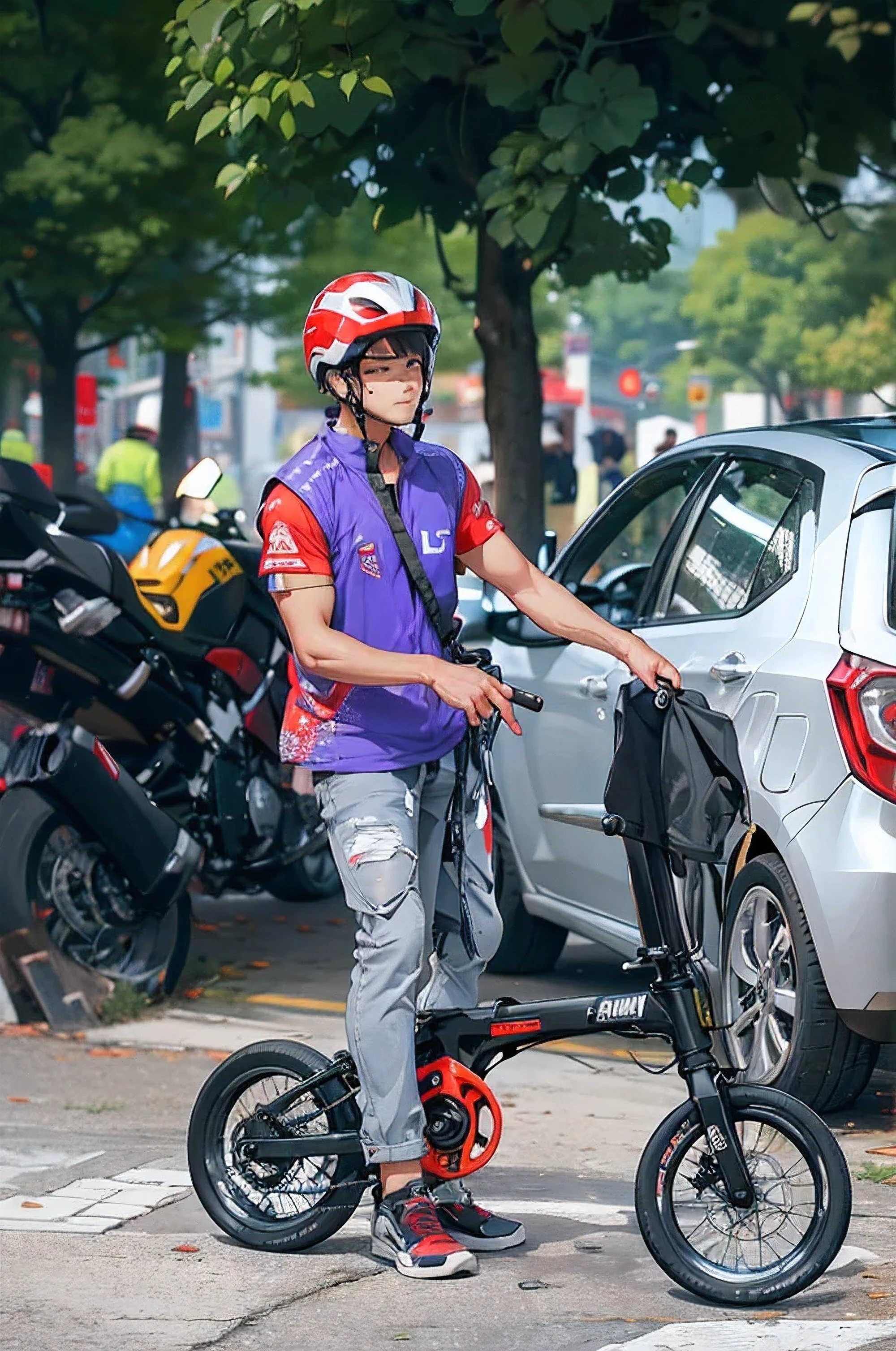 (Best quality,A high resolution,Ultra-detailed,Realistic:1.2),2023 biker, folding bike, red helmet（promotional poster）。