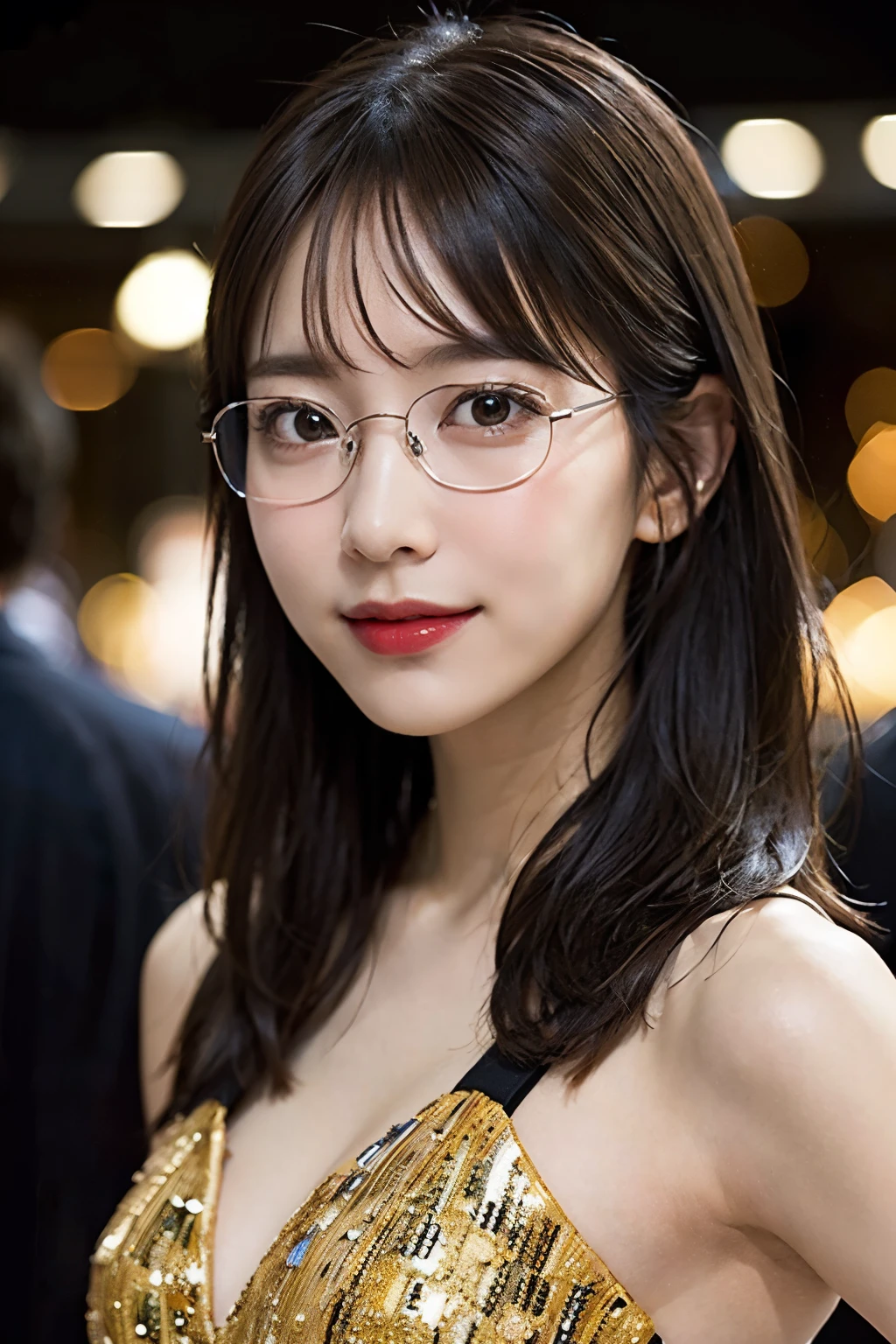 (8K、Raw photo、Highest quality、masterpiece:1.2)、(Realistic、Photorealistic:1.37)、Ultra-detailed、Ultra-high resolution、1 girl、Seeing the viewer、Beautifully detailed face、Laughter、narrow、(Slim waist) :1.3)、Beautifully detailed skin、Skin Texture、Floating Hair、Professional Lighting、A place with a beautiful night view、Black-rimmed square glasses、Human whole body、Brown Hair