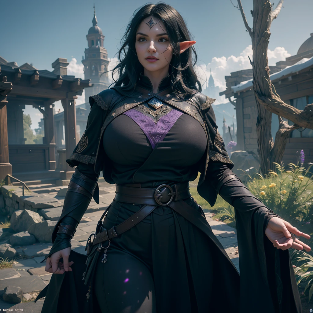 ((Best quality)), ((masterpiece)), (detailed: 1.4), 3D, (half-elf sorceress), (black hair, purple eyes:1.5, pale brown skin), (black robe, purple sleeves, grey pants, black boots and black armbands), (huge tits, big booty, short, curvy), (heavy gothic makeup), HDR (High Dynamic Range),Ray Tracing,NVIDIA RTX,Super-Resolution,Unreal 5,Subsurface dispersion, PBR texture, Post-processing, Anisotropic filtering, Depth of field, Maximum clarity and sharpness, Multilayer textures, Albedo and specular maps, Surface shading, Accurate simulation of light-material interaction, Perfect proportions, Octane Render, Two-tone lighting,Wide aperture,Low ISO,White balance,Rule of thirds,8K RAW,