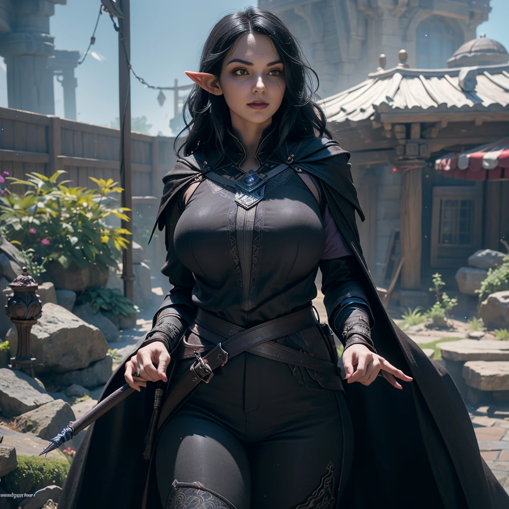 ((Best quality)), ((masterpiece)), (detailed: 1.4), 3D, (half-elf sorceress), (black hair, purple eyes:1.5, pale brown skin), (black robe, purple sleeves, grey pants, black boots and black armbands), (huge tits, big booty, short, curvy), (heavy gothic makeup), HDR (High Dynamic Range),Ray Tracing,NVIDIA RTX,Super-Resolution,Unreal 5,Subsurface dispersion, PBR texture, Post-processing, Anisotropic filtering, Depth of field, Maximum clarity and sharpness, Multilayer textures, Albedo and specular maps, Surface shading, Accurate simulation of light-material interaction, Perfect proportions, Octane Render, Two-tone lighting,Wide aperture,Low ISO,White balance,Rule of thirds,8K RAW,