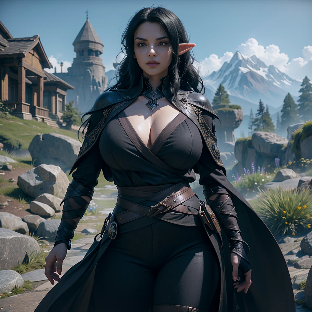 ((Best quality)), ((masterpiece)), (detailed: 1.4), 3D, (half-elf sorceress), (black hair, purple eyes:1.5, pale brown skin), (black robe, purple sleeves, grey pants, black boots and black armbands), (huge tits, big booty, short, curvy), (heavy gothic makeup), HDR (High Dynamic Range),Ray Tracing,NVIDIA RTX,Super-Resolution,Unreal 5,Subsurface dispersion, PBR texture, Post-processing, Anisotropic filtering, Depth of field, Maximum clarity and sharpness, Multilayer textures, Albedo and specular maps, Surface shading, Accurate simulation of light-material interaction, Perfect proportions, Octane Render, Two-tone lighting,Wide aperture,Low ISO,White balance,Rule of thirds,8K RAW,